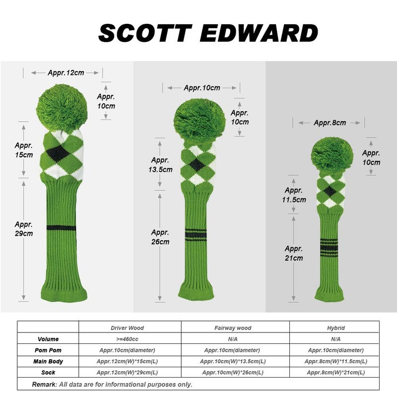 Scott Edward Vintage Long Neck Green/White/Black Argyles Grey Stripes Style Soft Pom Pom Golf Headcover, Set of 3 for Driver(460cc) Fairway Wood, Hybrid, Rotating Number Tags, Washable - Image 3